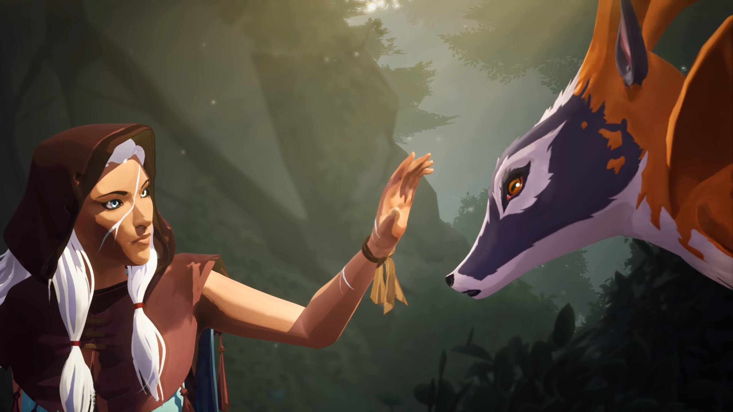 A female character reaching out to touch a deer-like creature's head in Rare's canceled Everwild