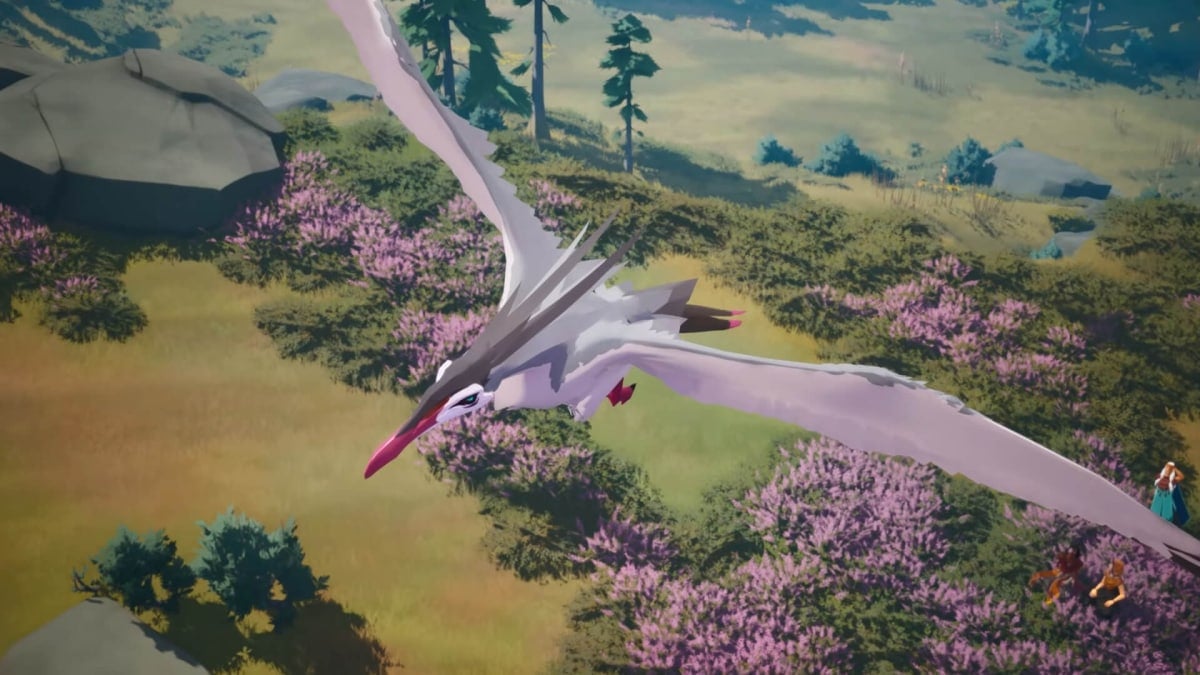A bird flying over a grassy landscape in Rare's now-canceled Everwild